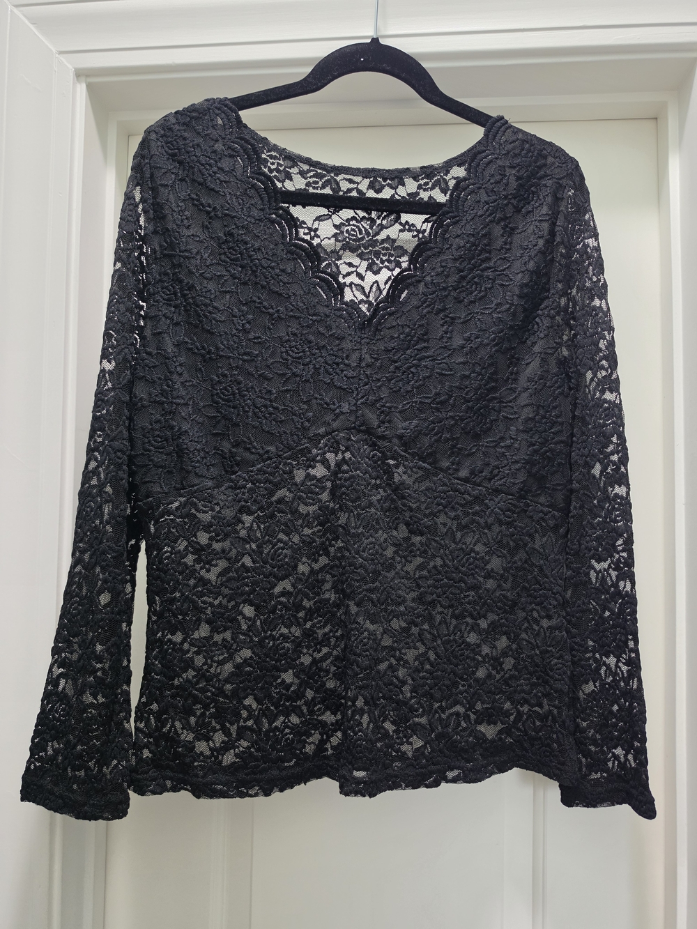 Black Lace Long Sleeve V-Neck Top